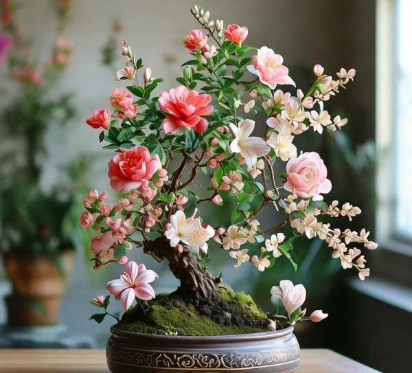 室内绿意盎然，鲜花盆景装饰艺术之美