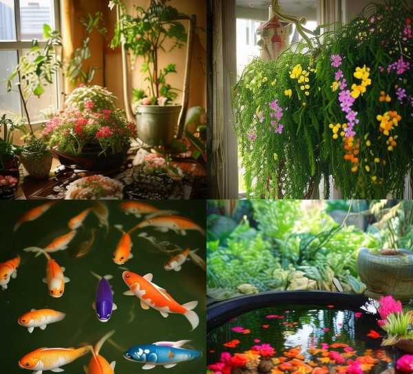 自然家居四宝，鲜花盆景与金鱼共绘生态画卷